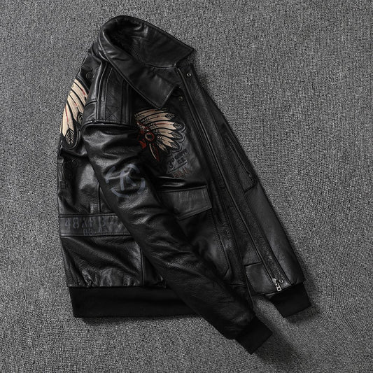 American Indian embroidery top layer cowhide leather jacket men's flight suit youth leather jacket