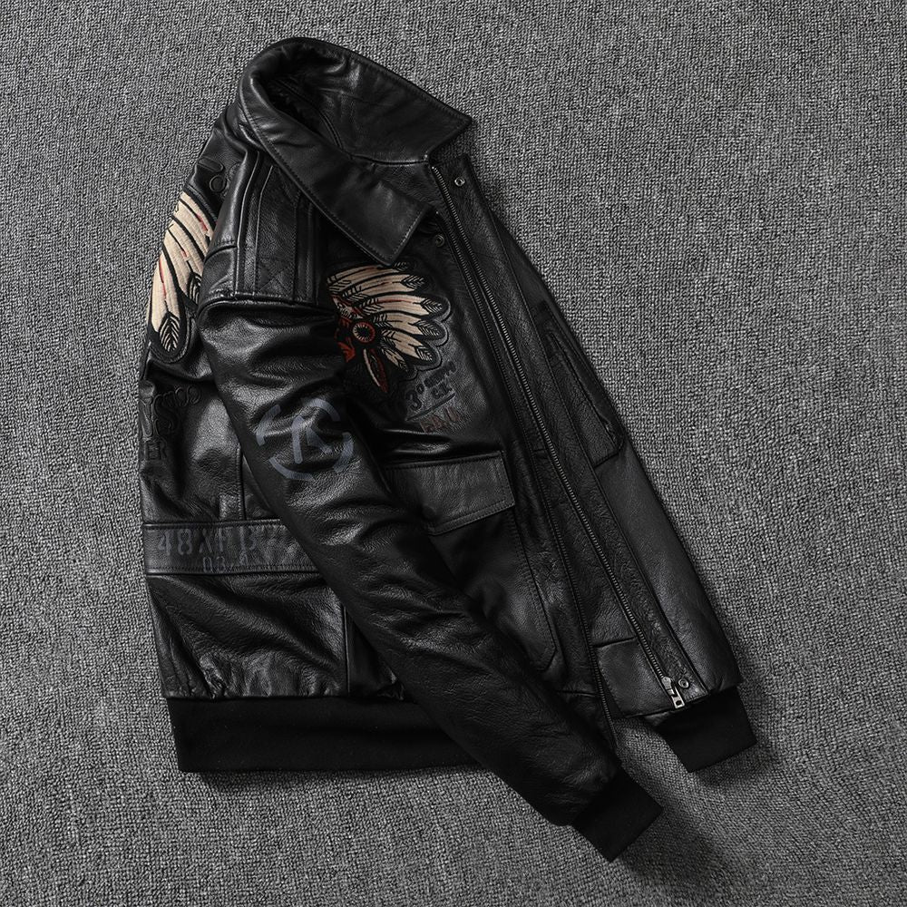 American Indian embroidery top layer cowhide leather jacket men's flight suit youth leather jacket