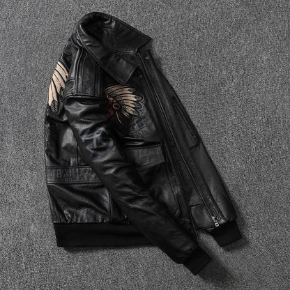 American Indian embroidery top layer cowhide leather jacket men's flight suit youth leather jacket