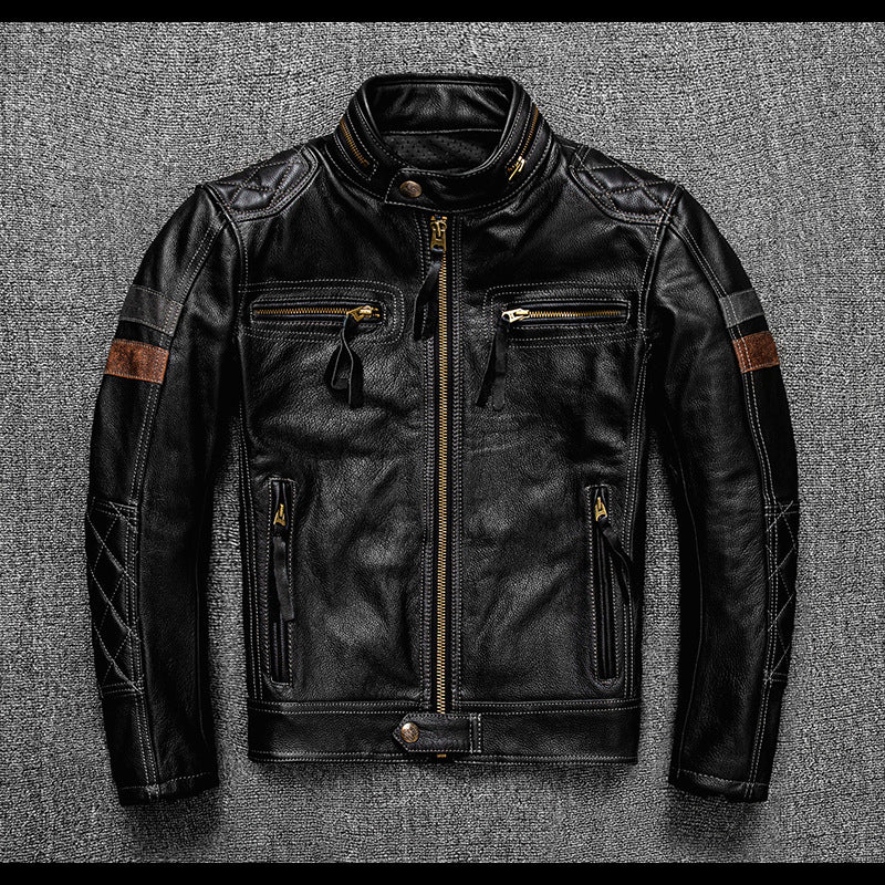 Men's top layer cowhide genuine leather jacket with stand collar motorcycle jacket and protective gear