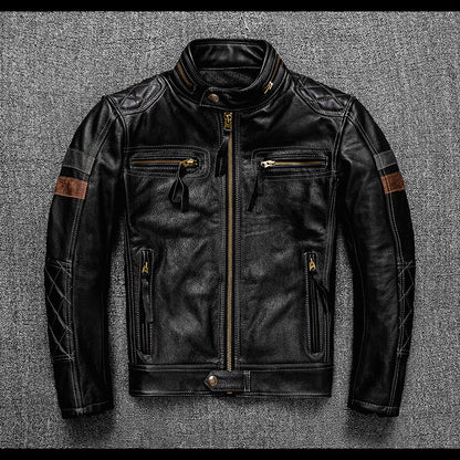 Men's top layer cowhide genuine leather jacket with stand collar motorcycle jacket and protective gear