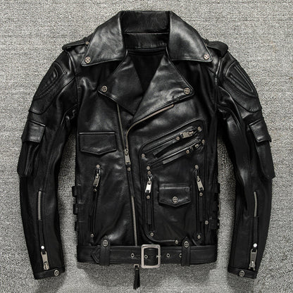 Men's top layer cowhide leather motorcycle jacket short leather jacket