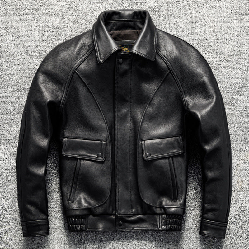 Men's Large Size Sheepskin Genuine Leather Jacket Lapel Casual Jacket Autumn and Winter Coat Thick Leather