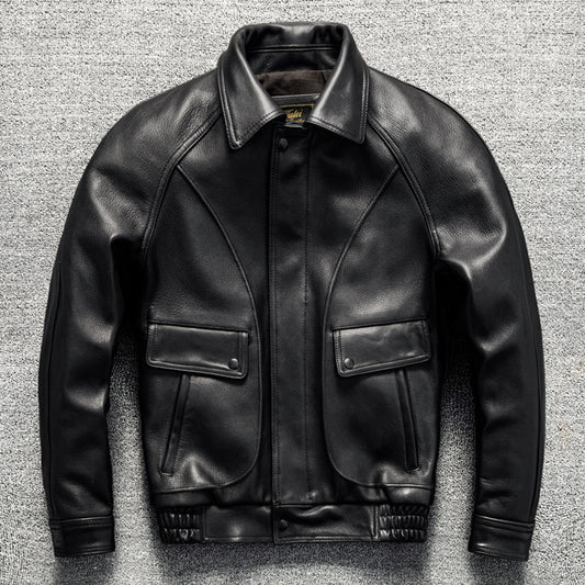 Men's Large Size Sheepskin Genuine Leather Jacket Lapel Casual Jacket Autumn and Winter Coat Thick Leather