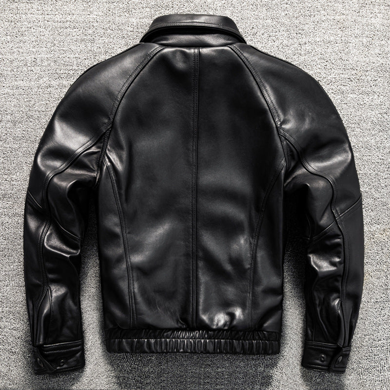 Men's casual short lapel leather jacket made of top-grain sheepskin