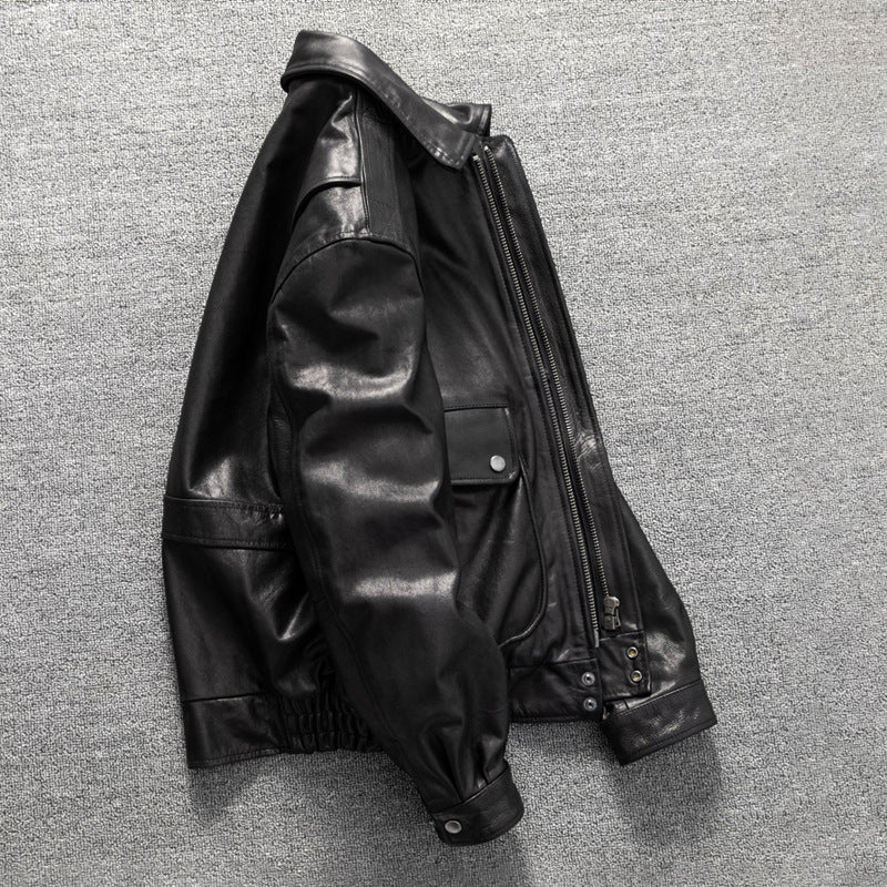 Vintage washed genuine leather jacket flight suit first layer cowhide leather jacket men's autumn and winter large size coat