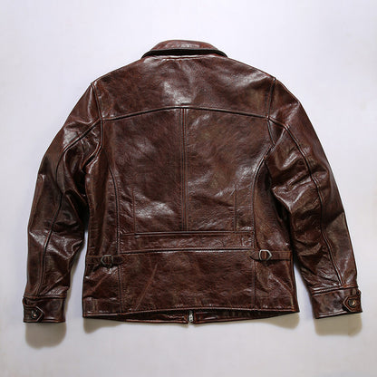 Brown vegetable tanned waxed cowhide leather lapel 1930 casual leather jacket