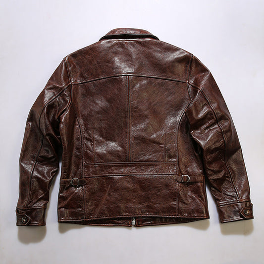 Brown vegetable tanned waxed cowhide leather lapel 1930 casual leather jacket