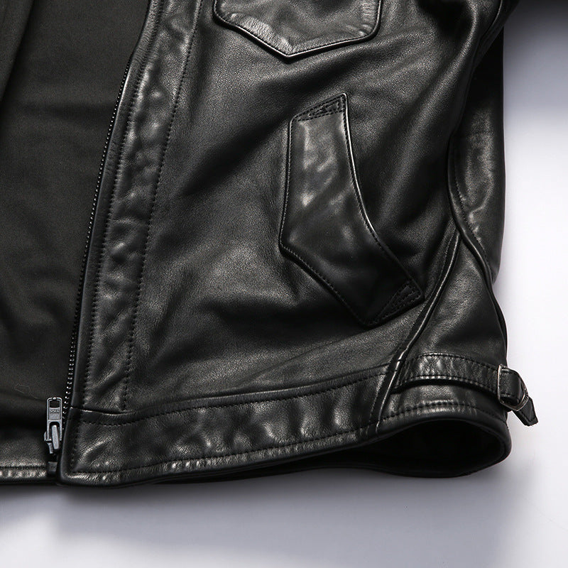 Genuine leather jacket for men, lapel motorcycle style, calfskin leather coat