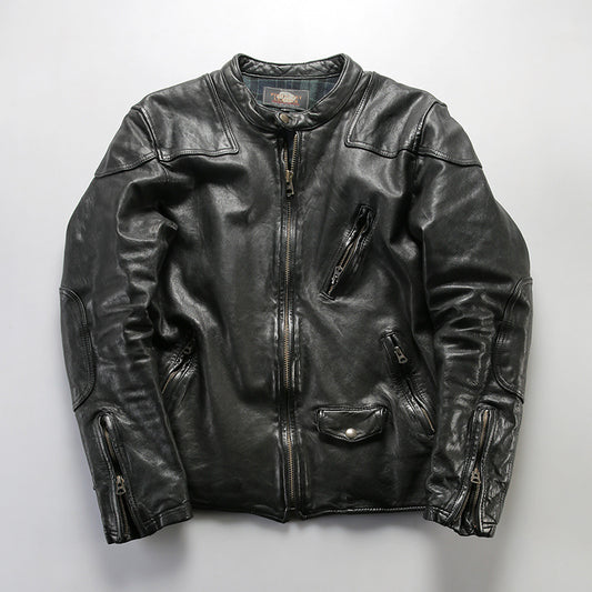 Men's sheepskin leather jacket, movie style stand collar genuine leather jacket