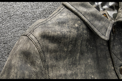 Men's top layer sheepskin leather jacket vintage leather jacket lapel short slim fit distressed gray coat