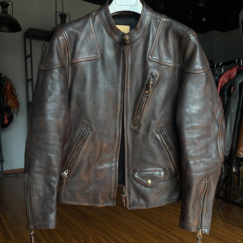 RL genuine leather jacket men's stand collar heavy washed first layer cowhide retro distressed motorcycle jacket