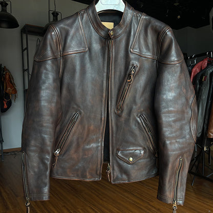 RL genuine leather jacket men's stand collar heavy washed first layer cowhide retro distressed motorcycle jacket