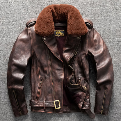 Men's top layer cowhide fur collar motorcycle jacket genuine leather jacket autumn and winter