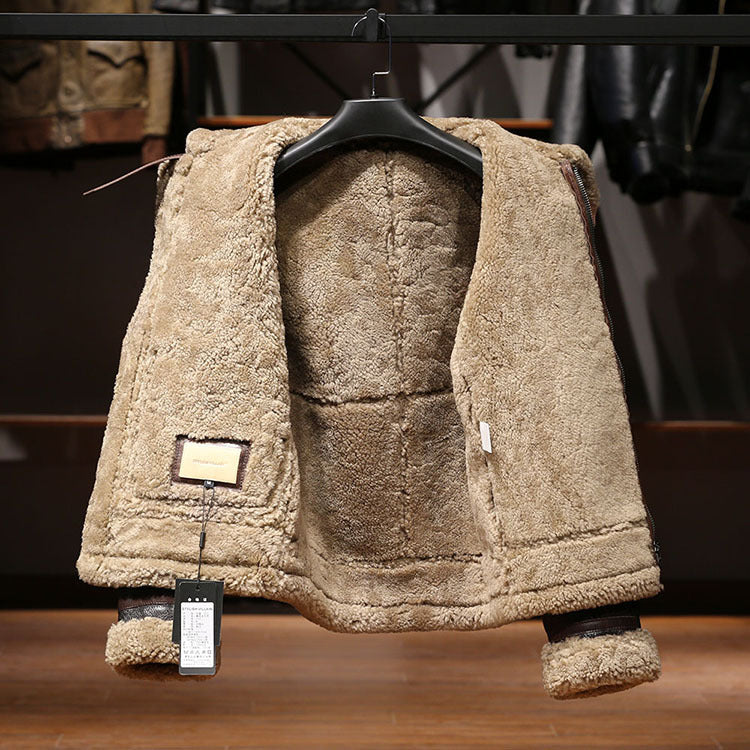 B3 Men's Shearling Pilot Jacket, Canvas Horsehide Genuine Leather Jacket