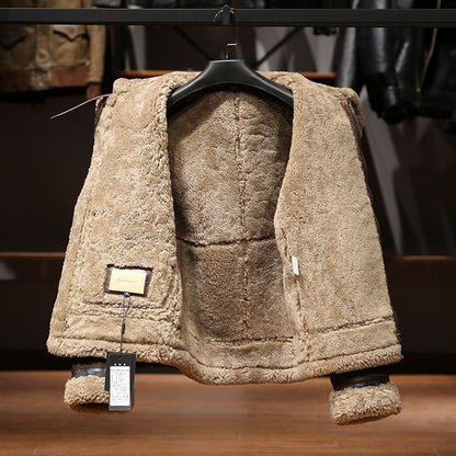 B3 Men's Shearling Pilot Jacket, Canvas Horsehide Genuine Leather Jacket