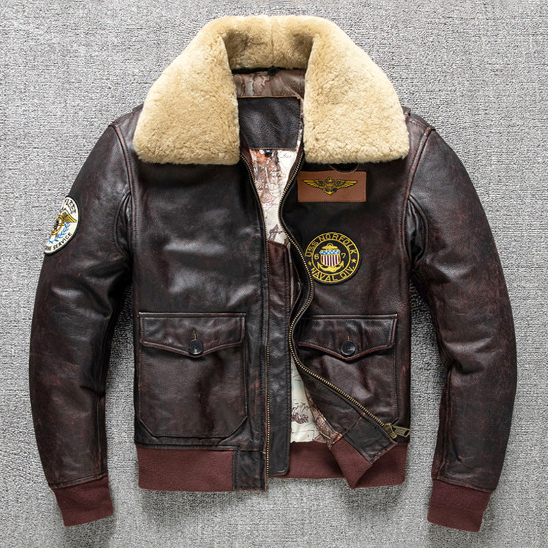 Men's first layer cowhide genuine leather jacket pilot air force flight suit jacket