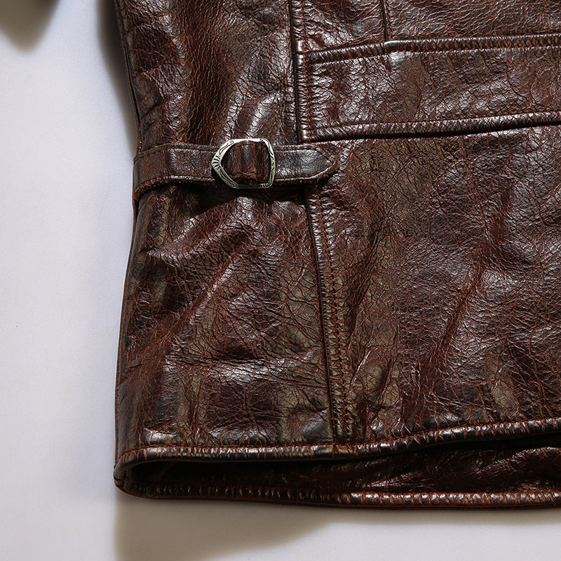 Brown vegetable tanned waxed cowhide leather lapel 1930 casual leather jacket