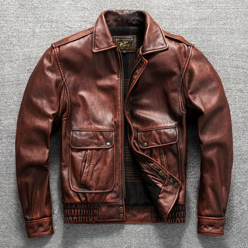 Vintage men's flight suit first layer cowhide leather motorcycle jacket autumn and winter jacket