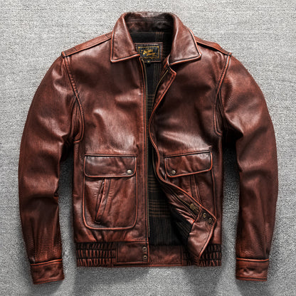 Vintage men's flight suit first layer cowhide leather motorcycle jacket autumn and winter jacket