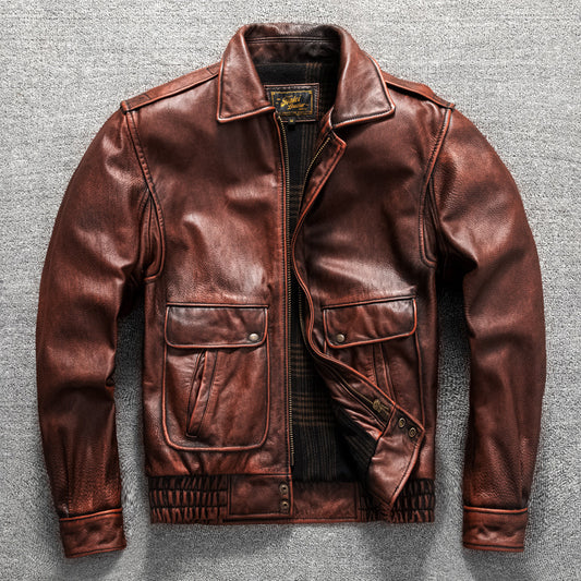 Vintage men's flight suit first layer cowhide leather motorcycle jacket autumn and winter jacket