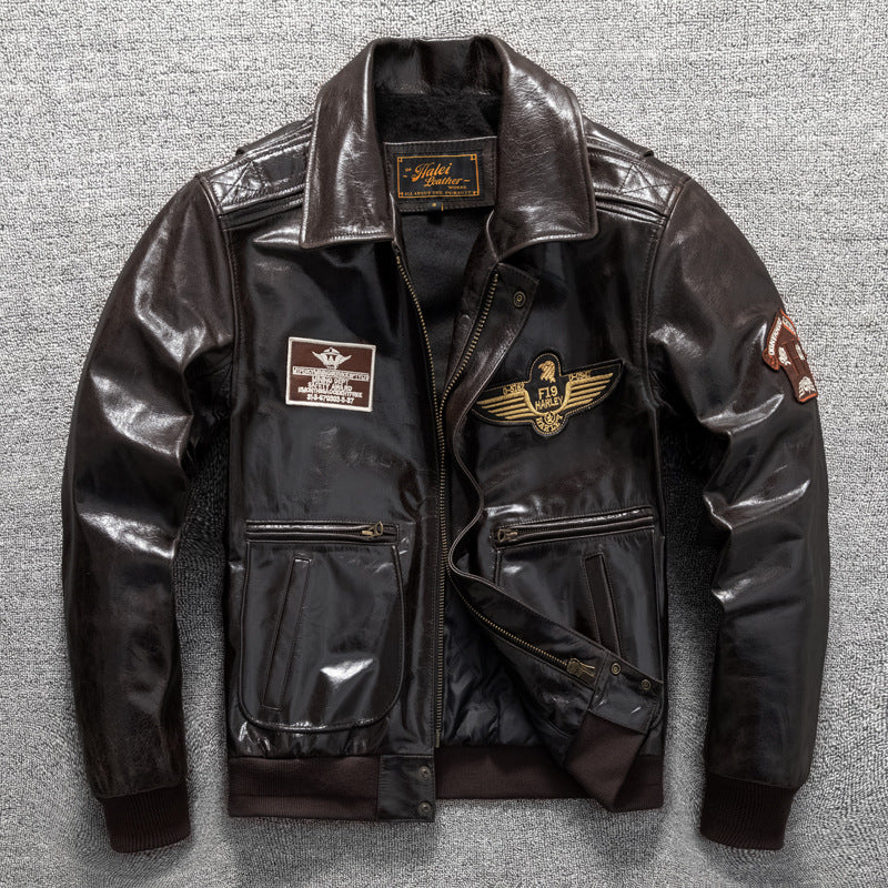Men's winter leather jacket with cotton and quilted flight suit, genuine cowhide leather jacket