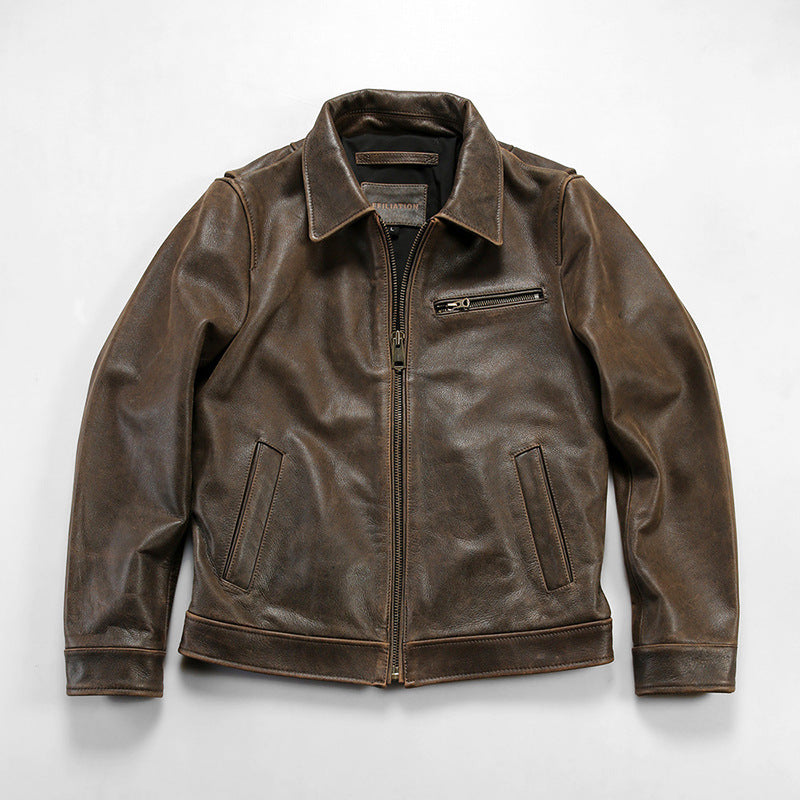 Retro American style genuine leather jacket for men, casual replica RL cowhide leather coat