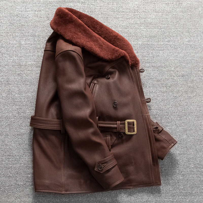 Retro mid-length men's genuine leather trench coat, top layer cowhide leather jacket, fur collar, large size winter coat