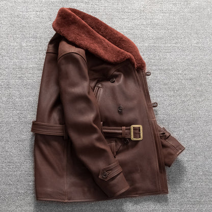 Retro mid-length men's genuine leather trench coat, top layer cowhide leather jacket, fur collar, large size winter coat