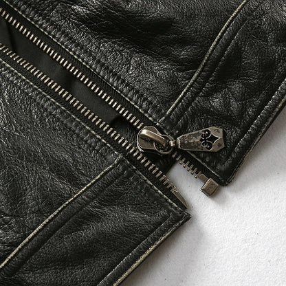 Men's motorcycle jacket with stand collar and distressed cowhide leather jacket