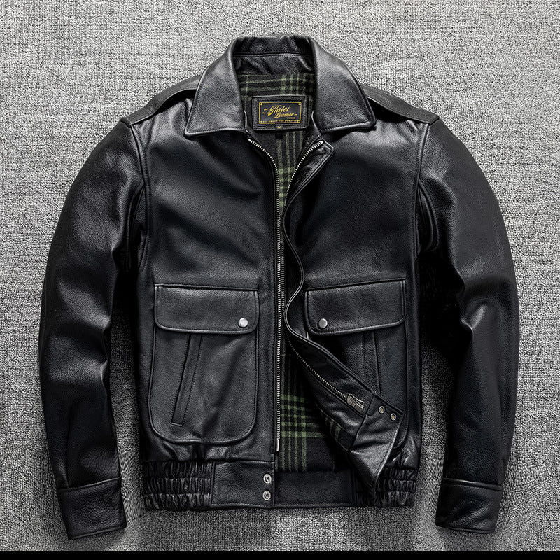 Men's top layer cowhide genuine leather jacket classic flight suit short casual large size jacket