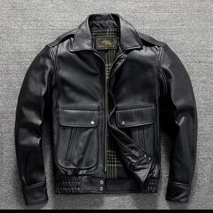 Men's top layer cowhide genuine leather jacket classic flight suit short casual large size jacket