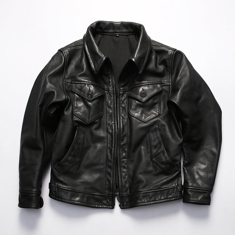 Genuine leather jacket for men, lapel motorcycle style, calfskin leather coat