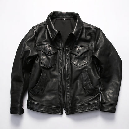 Genuine leather jacket for men, lapel motorcycle style, calfskin leather coat