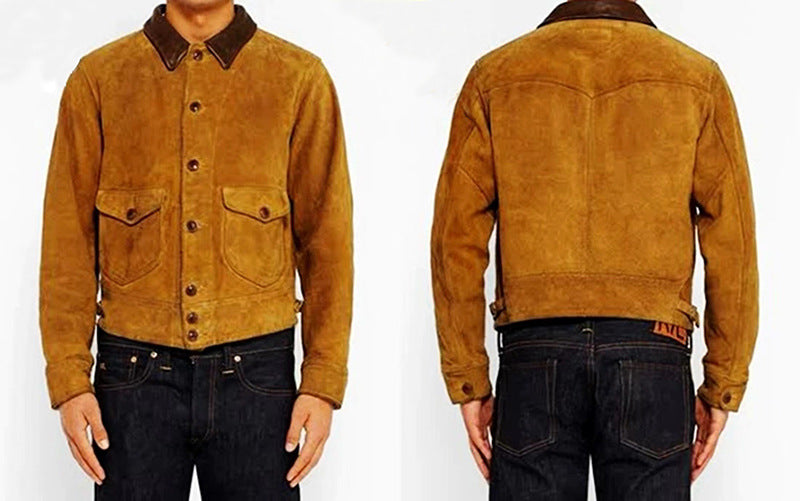 Vintage handmade RL denim leather jacket men's lapel suede leather jacket