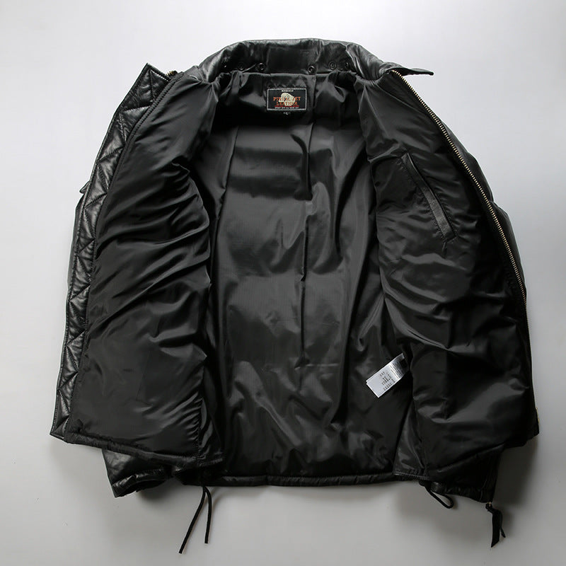 Men's winter motorcycle-style patchwork horsehide and sheepskin down jacket, genuine leather down jacket
