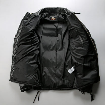 Men's winter motorcycle-style patchwork horsehide and sheepskin down jacket, genuine leather down jacket