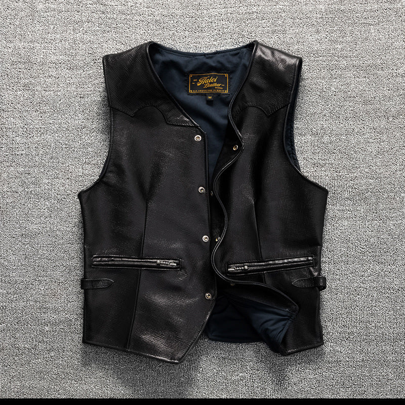 Men's vintage top layer sheepskin leather casual vest