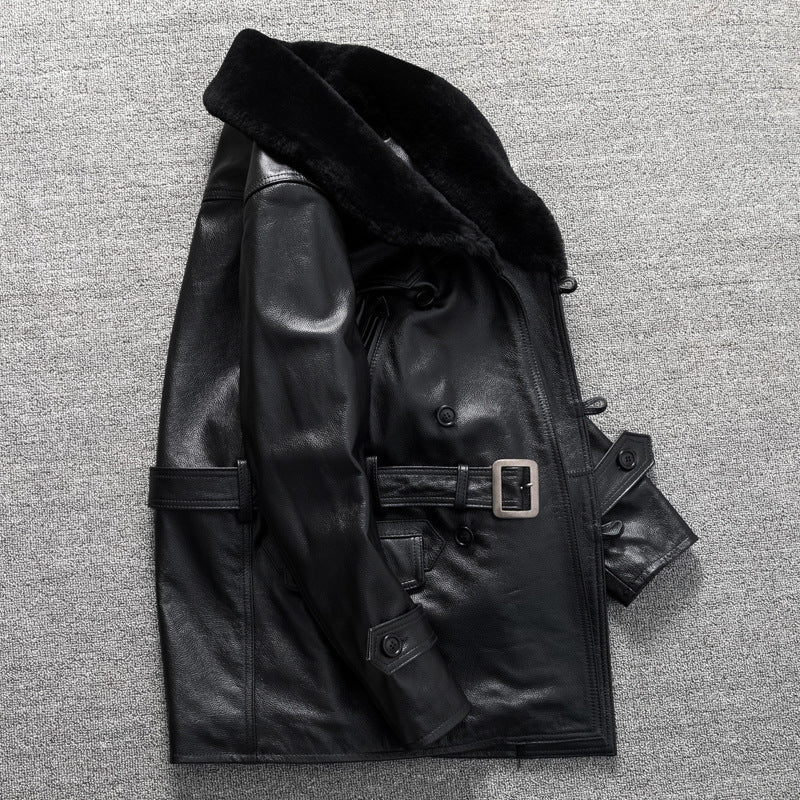 Men's mid-length fur collar casual large size autumn and winter jacket with top layer of cowhide leather