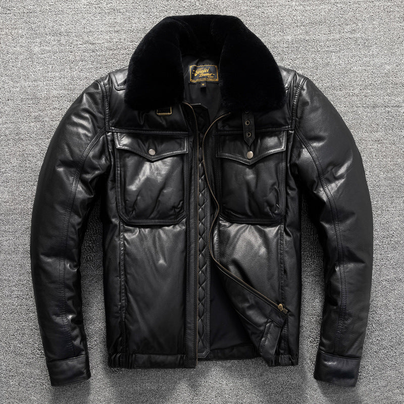 Large size men's top layer cowhide genuine leather down jacket, windproof and warm, simple winter jacket
