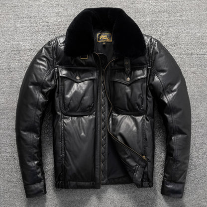 Large size men's top layer cowhide genuine leather down jacket, windproof and warm, simple winter jacket