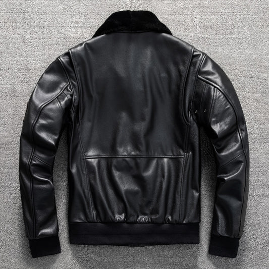 Men's winter large size top layer cowhide genuine leather jacket with fur collar flight suit jacket