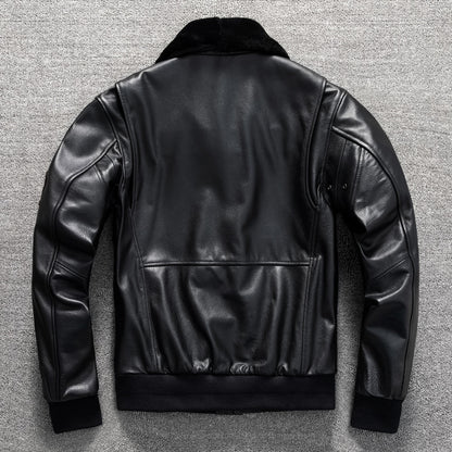 Men's winter large size top layer cowhide genuine leather jacket with fur collar flight suit jacket