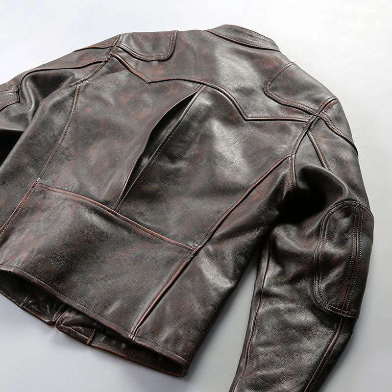 RL genuine leather jacket men's stand collar heavy washed first layer cowhide retro distressed motorcycle jacket