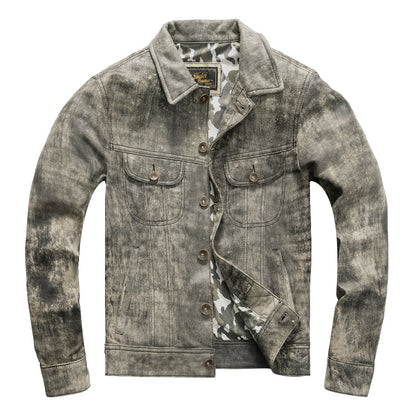 Men's top layer sheepskin leather jacket vintage leather jacket lapel short slim fit distressed gray coat