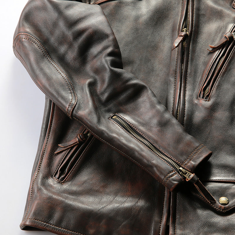 RL genuine leather jacket men's stand collar heavy washed first layer cowhide retro distressed motorcycle jacket