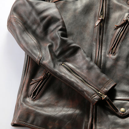 RL genuine leather jacket men's stand collar heavy washed first layer cowhide retro distressed motorcycle jacket
