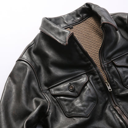 Farmer distressed vegetable tanned cowhide leather jacket for men with lapel