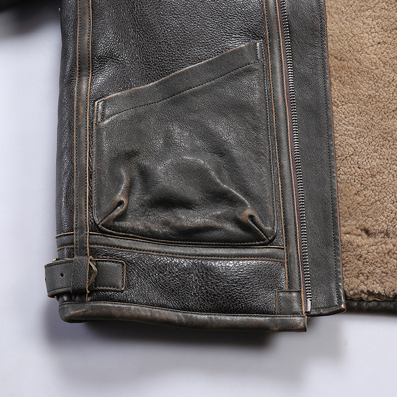 Replica RLB3 sheepskin flight suit, men's distressed horsehide leather jacket