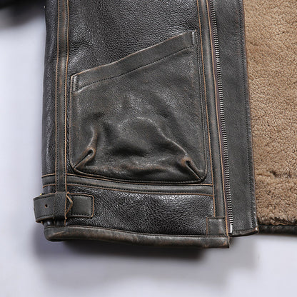 Replica RLB3 sheepskin flight suit, men's distressed horsehide leather jacket